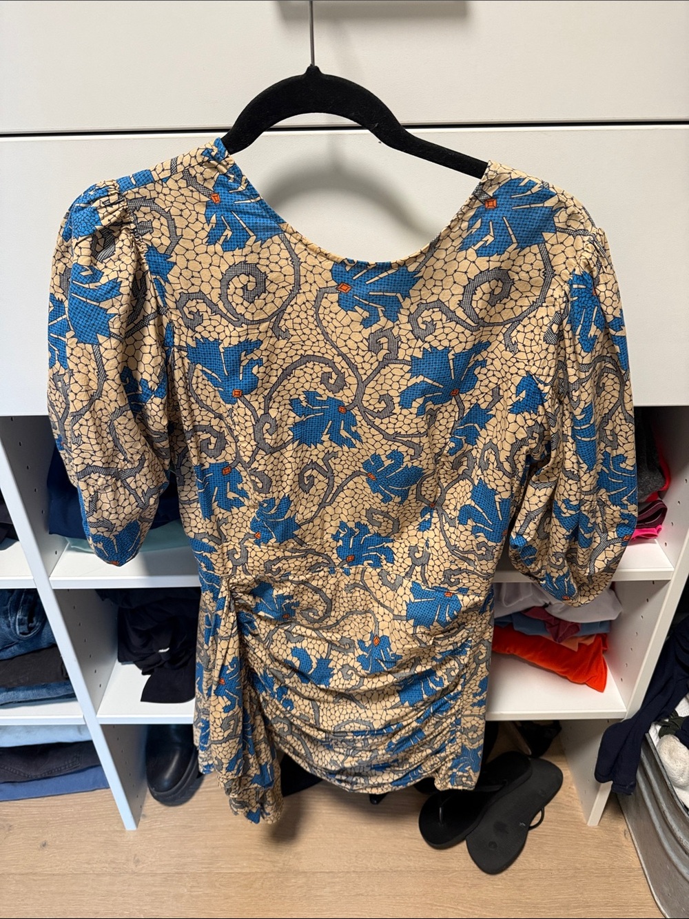 RHODE Blue Floral Puff-Sleeve Tie-Waist Blouse on Beige